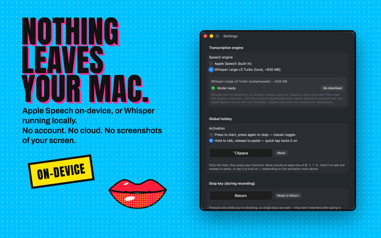 YappyPaste settings showing the Apple Speech and local Whisper engines, with the model ready and offline